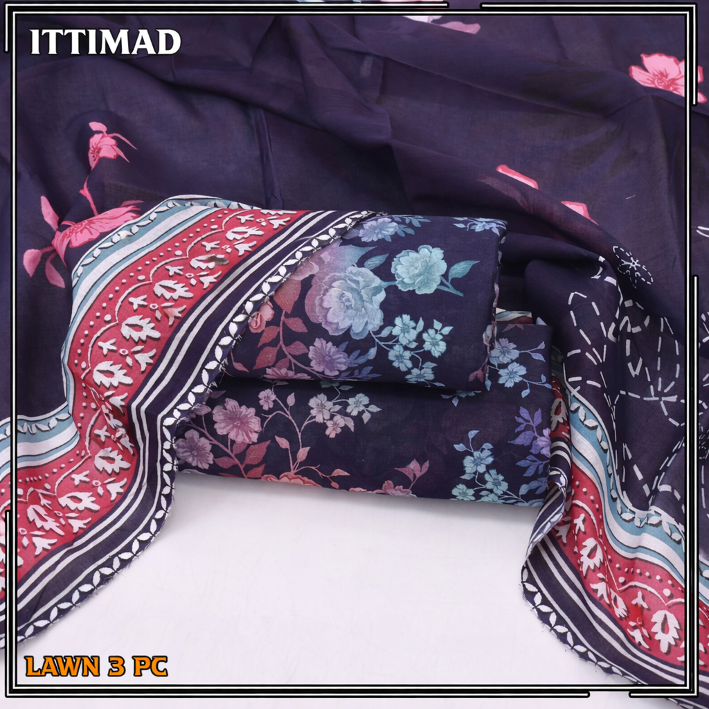 Ittimad Textile Printed Lawn Vol 01 – 3-Piece Lawn Suit with Lawn Dupatta