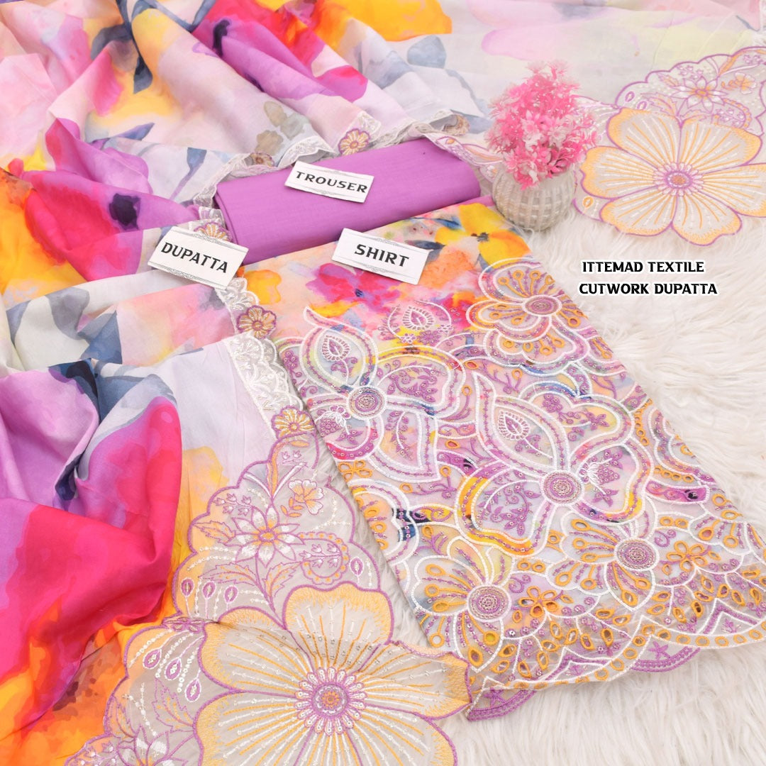 Ittemad Textile Vol 2 Embroidered Lawn 3PC Suit – Shirt, Trouser & Lawn Dupatta