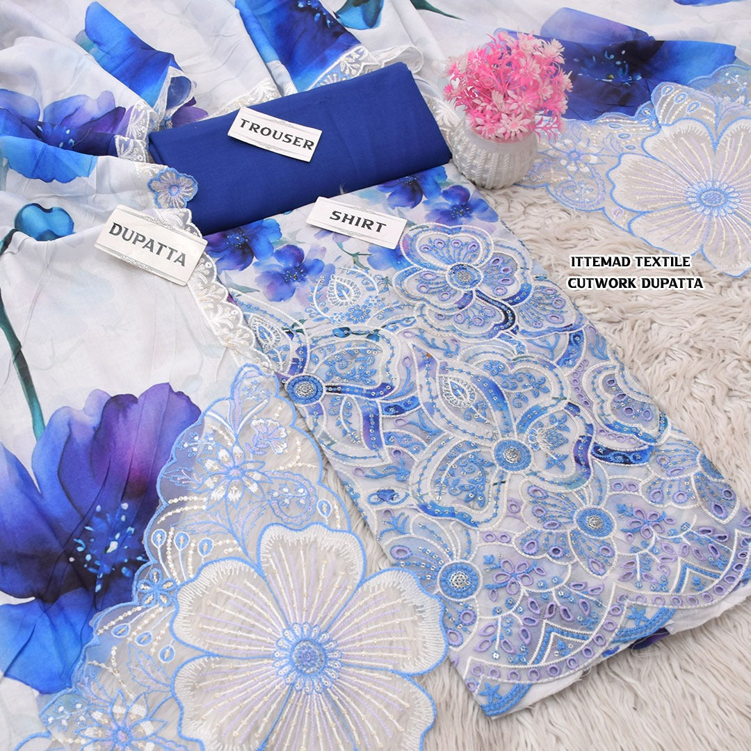 Ittemad Textile Vol 2 Embroidered Lawn 3PC Suit – Shirt, Trouser & Lawn Dupatta
